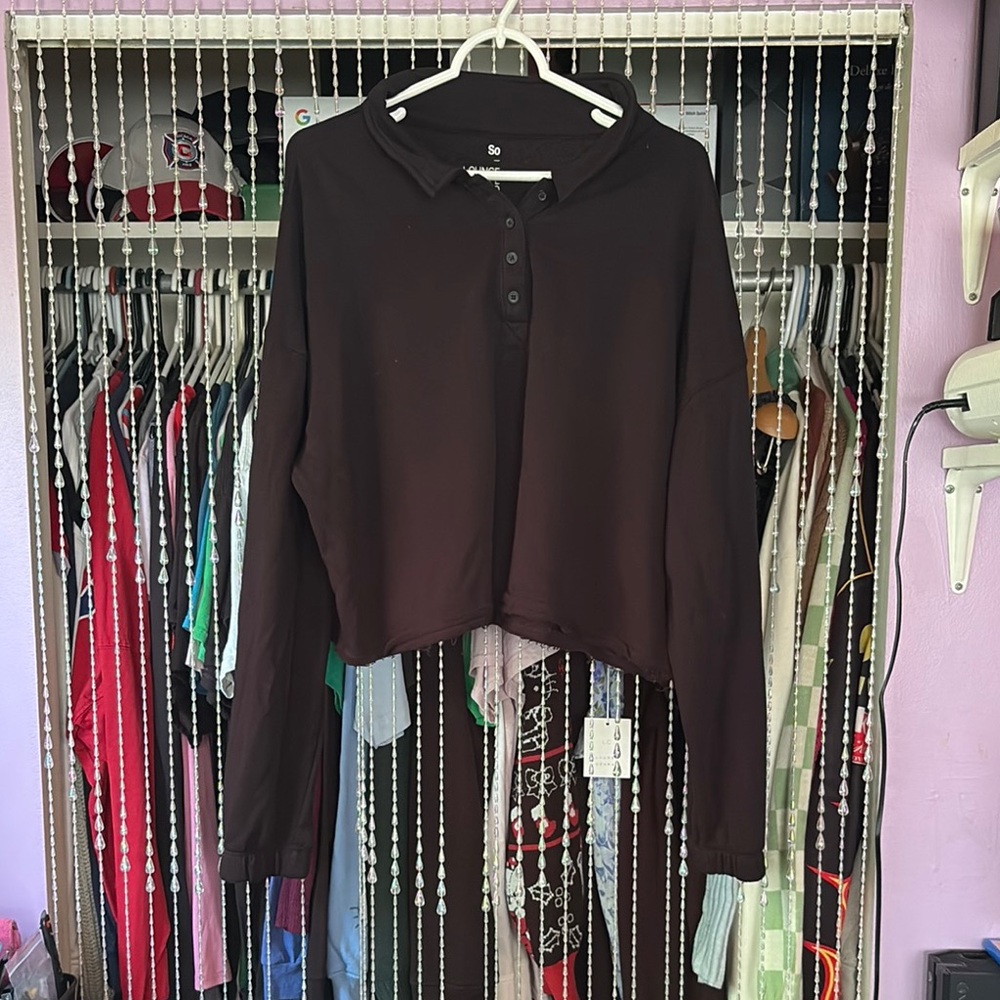 SO Black Button Down Crop Polo Shirt